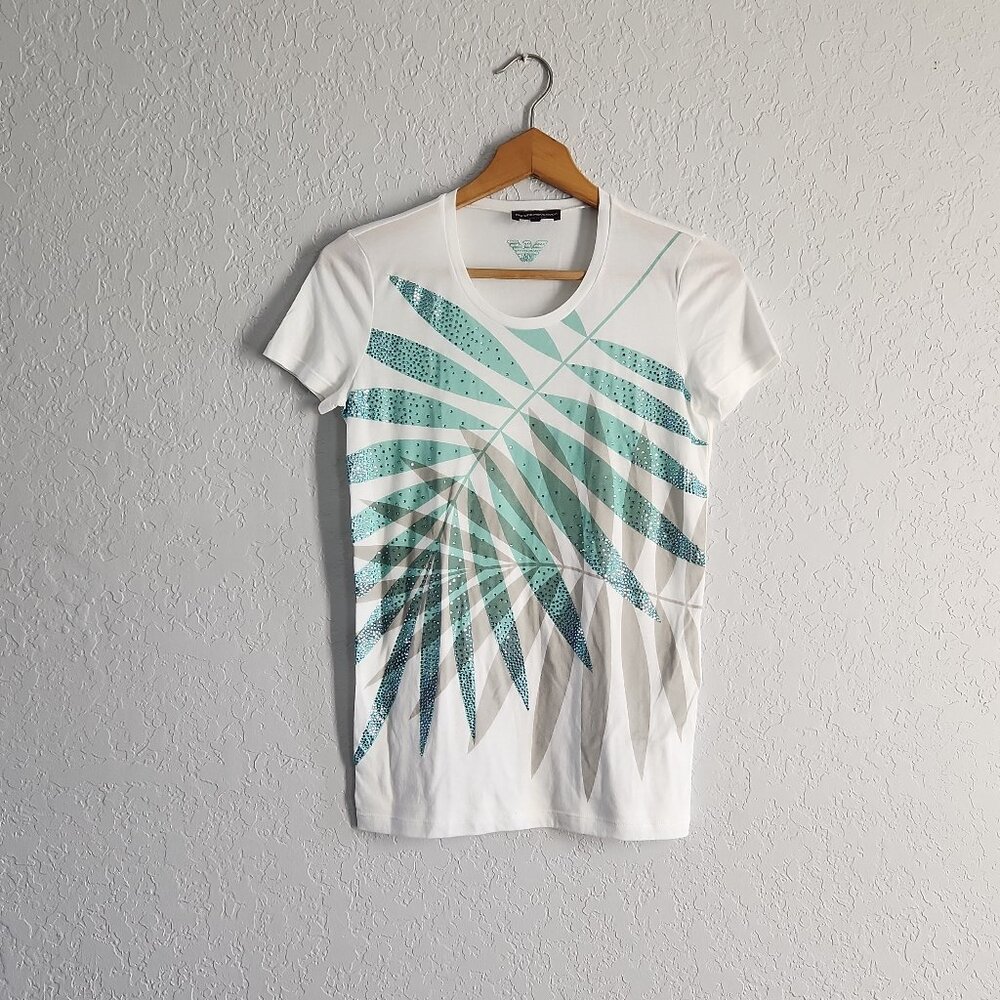 Emporio Armani made Italy 42 / S White Crystal palm leaf print women's t-shirt
